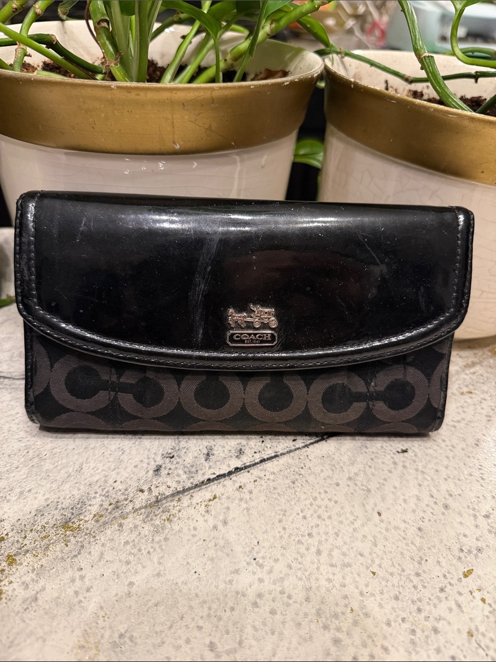Coach Black Signature Continental Wallet with Patent Flap